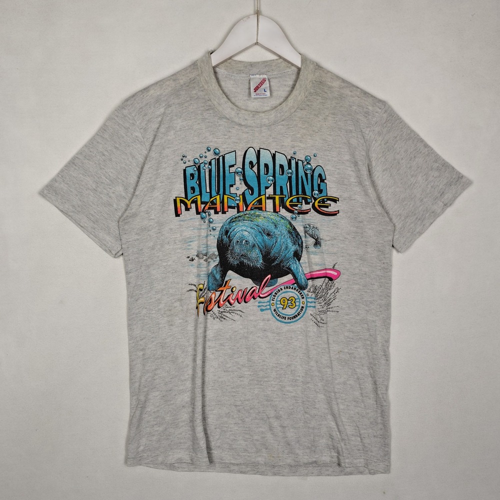 Vintage 1993 Blue Spring Manatee Festival T-Shirt Jerzees Gray Large Florida 90s